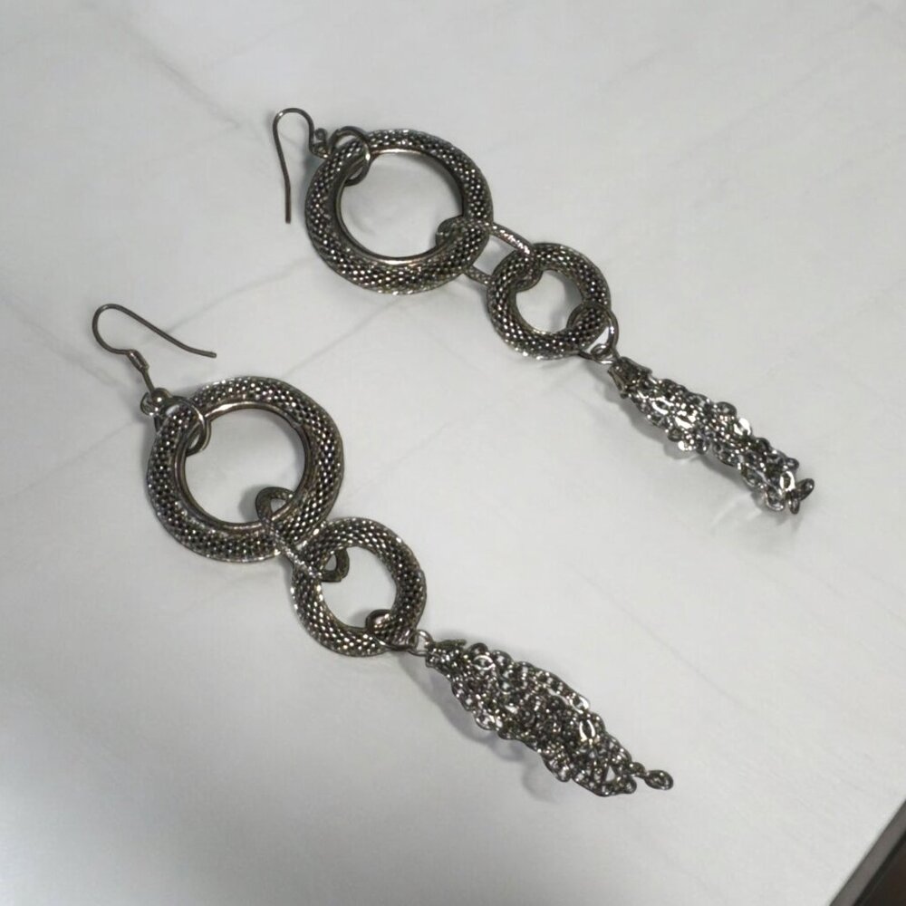 Silver Tone Rope-Like Light Weight Long Dangling Pierced Earrings Statement